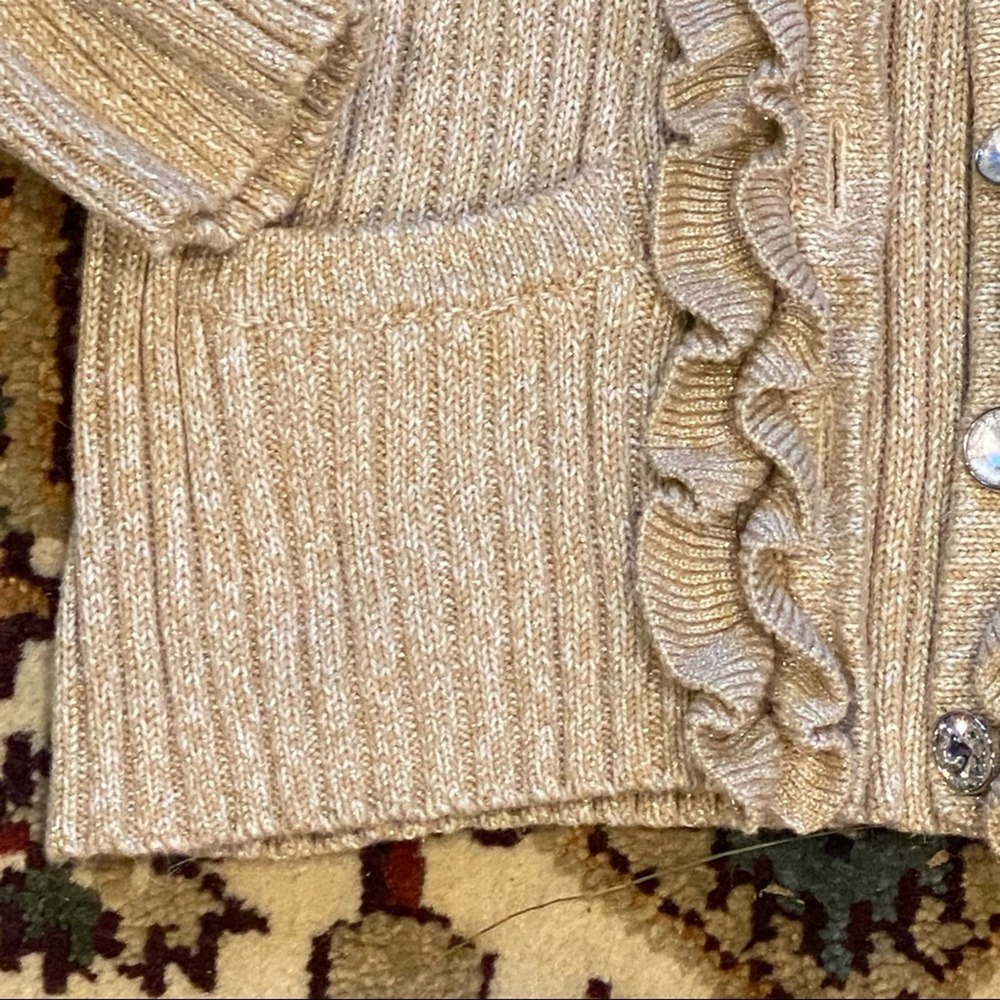 Ruby Rd Cardigan Women M Gold Unused Ruffle Metallic Rhinestone Ribbed Sweater - Picture 4 of 8